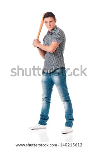 Man with wooden baseball bat, isolated on white background