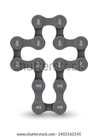 Vector realistic Christian cross symbol created from bike chain. Isolated on white background.