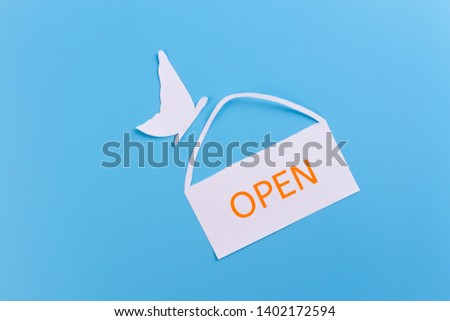 open sign broad. paper cut blue background