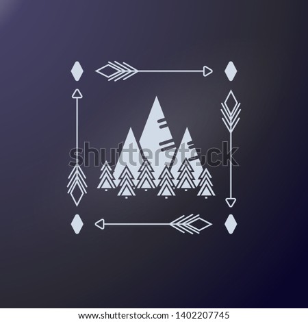 Mountains and spruce trees in square frame of arrows. Outdoor sticker. Club Emblem for shirts, posters, prints Travel template for cutting plotter. Mount and tree fir for Travel badge, stamp.