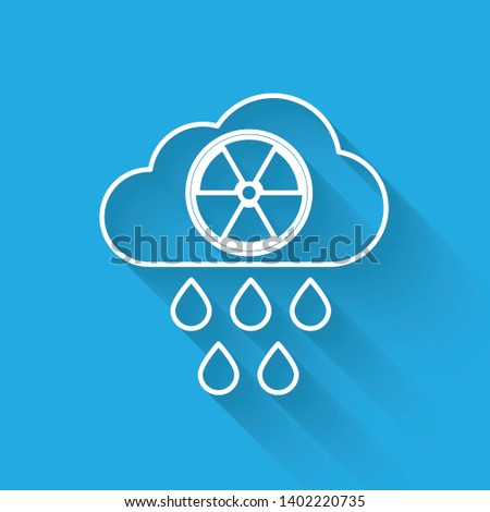 White Acid rain and radioactive cloud line icon isolated with long shadow. Effects of toxic air pollution on the environment. Vector Illustration