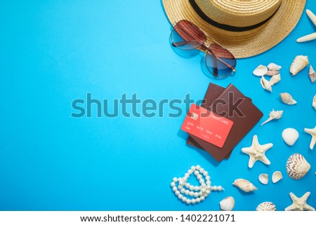 Accessories for summer on bright blue background, Creative flat lay photography ,Top view with copy space
