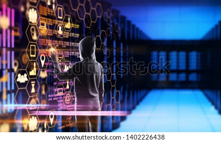 Hacker using creative dark digital interface in blurry server room. Cloud computing and data concept. Multiexposure 
