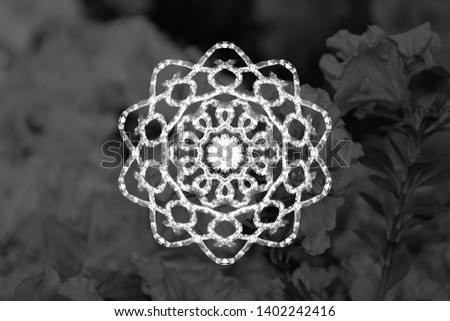 White ornamental mandala on grayscale azzalea flower background. The fusion of nature photography and hand drawn digital mandala.