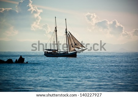 The ship sails at sea