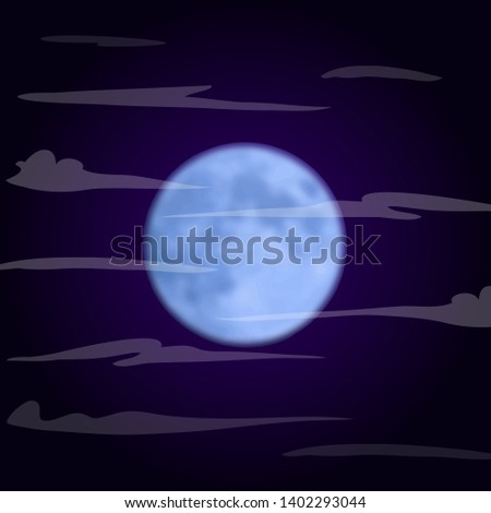 Blue moon on a dark purple background covered in fog. Vector illustration