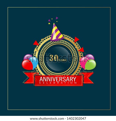 30 years anniversary - modern design celebrating. 30 years anniversary celebration simple logo. ribbon,balloon, gold emblem -