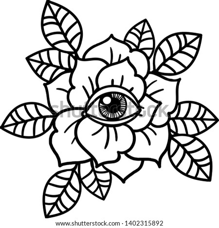 Rose and eye tattoo. Traditional black dot style ink. Isolated vector illustration. Traditional Tattoo Flowers Set Old School Tattooing Style Ink Roses