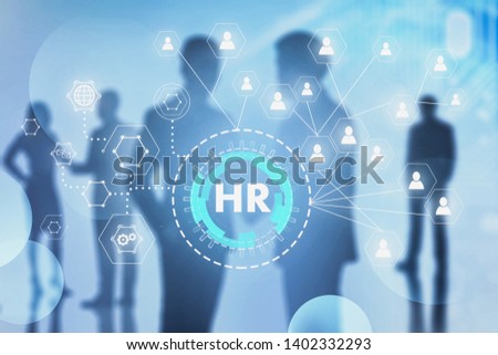 Blurred silhouettes of business people with double exposure of HR and social connection HUD interface. Concept of recruitment and hi tech. Toned image