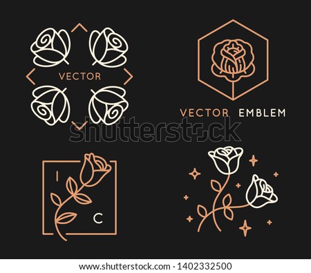 Vector logo design templates and monogram design elements in simple minimal style with roses and copy space for text - geometrical abstract emblems and signs 