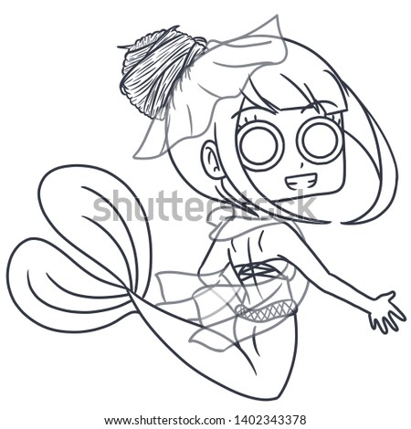A cartoon and cute mermaid living under the sea. Can be a colouring material or just an art to look at.