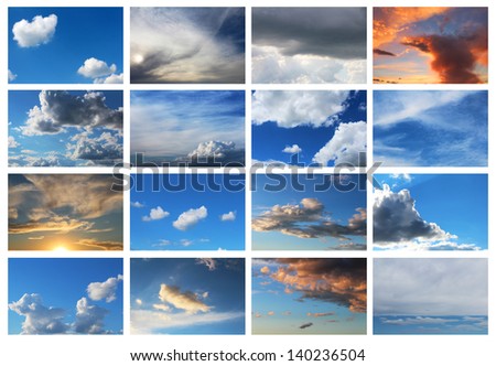collection of 16 sky backgrounds with different types of clouds Royalty-Free Stock Photo #140236504