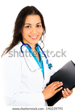 Female doctor holding medical chart isolated on white background