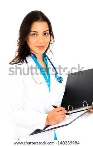 Happy female doctor writing on clipboard, isolated on white
