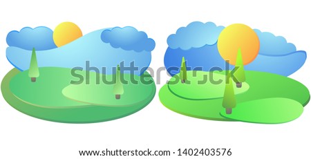 Fluid gradient design banner set. Green field the sun and the river. Summer landscape material design style. Vector illustration