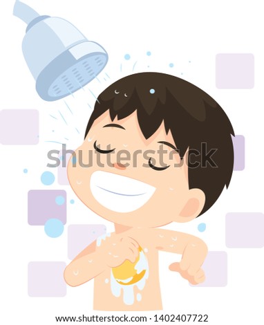 Portrait of boy cartoon take a bath in the bathroom.