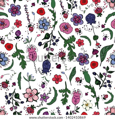 Beautiful seamless floral pattern with berries,herbs and flowers in doodling style on transparent background.