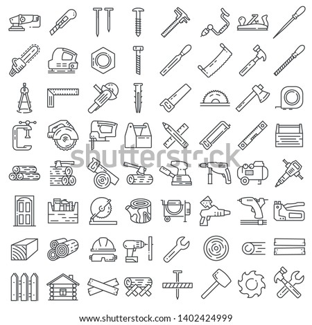 Carpentry industry equipment icons flat set with toolbox furniture Royalty-Free Stock Photo #1402424999