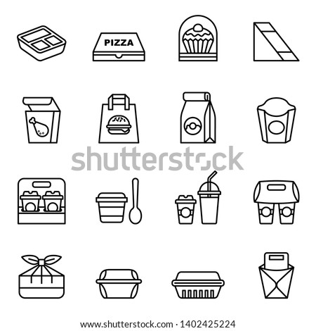 Fast food. Take away. Package icons for delivery. Thin line style stock vector. Royalty-Free Stock Photo #1402425224