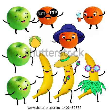 Funny fruits. Tangerine, apple and banana character have summer fun and beach activity. Comic collage characters for stickers and seasonal design