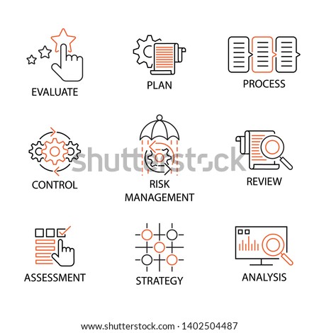 Modern Flat thin line Icon Set in Concept of Business and Risk Management with word Evaluate,Plan,Process,Control,Risk Management,Review,Assessment,Strategy,Analysis. Editable Stroke Royalty-Free Stock Photo #1402504487