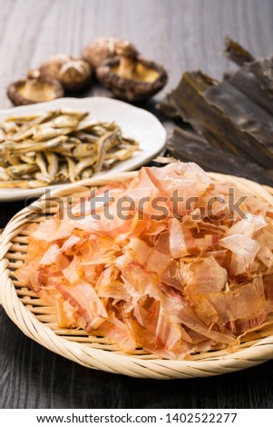 Ingredients of Japanese fish broth (Bonito Flakes,Dried kelp,Dried sardine,Dried shiitake mushroom)