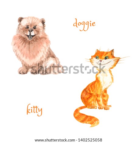 Cute cartoon cat and dog isolated on white. Watercolor illustration for children's decor, textiles, covers.