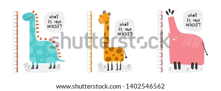 Kid height measurement, centimeter, chart with elephant, dinosaur, giraffe for wall, room interior. African animals for children