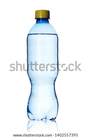 
small plastic bottle with mineral water on a white background