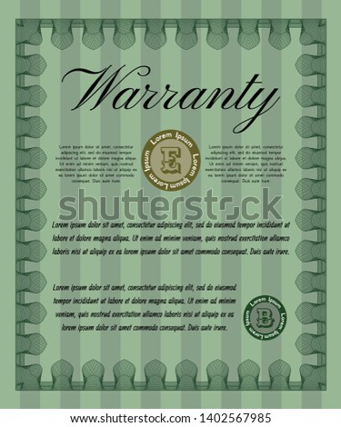 Green Warranty Certificate template. With guilloche pattern and background. Detailed. Beauty design. 