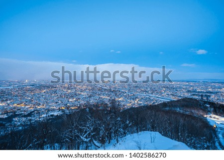 Beautiful landscape with moiwa mountain around tree and city in snow winter season at night time in Sapporo Hokkaido Japan