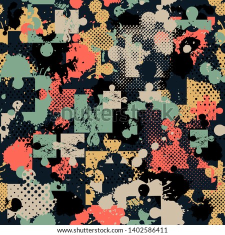 Abstract seamless puzzle pattern for girls, boys. Creative vector pattern with puzzle, square, splash, dots. Funny puzzle wallpaper for textile and fabric. Fashion sport style. Colorful bright. Royalty-Free Stock Photo #1402586411