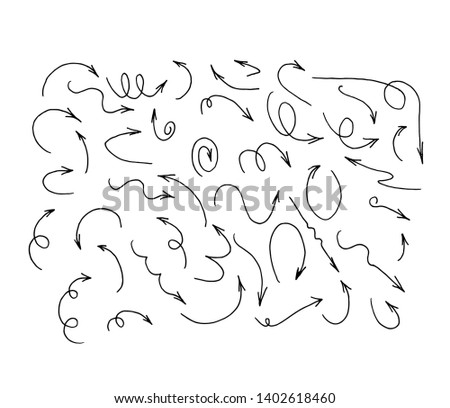Set of vector curved arrows on white background. hand drawn. Sketch doodle style. Collection of pointers. Vector illustration.