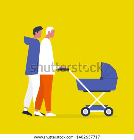Baby carriage. Pram. Homosexual couple of male characters walking with a stroller. Modern parenthood. Flat editable vector illustration, clip art