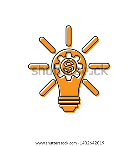 Orange Light bulb with gear inside and dollar symbol icon isolated on white background. Fintech innovation concept. Vector Illustration