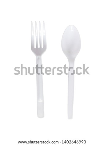 Plastic spoon and fork isolated on white background.