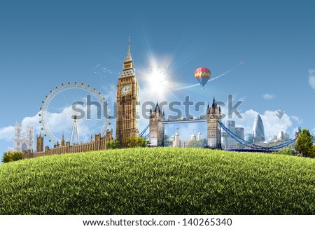 London summer park - photographic composition of famous landmarks of London, UK - sunny cityscape background with grassy hill and clear blue sky - great for posters, cards or banners