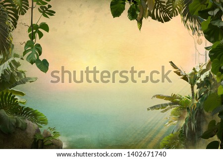 Tropical leaves frame vintage style on old paper with free space for your text, can be used as background