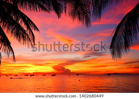 Beaches in Asia, Thailand, Pattaya, the sea at the time of sunset With coconut trees depending on the beach in the evening On the day that there is a calm wind wave