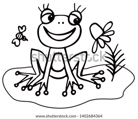 Cute frog is watching a daisy flower. Black and white vector for coloring. For card or gift. 