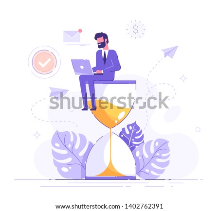 Happy man in formal suit sitting on an hourglass and working on her laptop business process icons and infographics on background. Multitasking, productivity and time management concept. Flat vector. Royalty-Free Stock Photo #1402762391