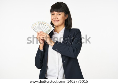   business woman in suit smiles in her hand                            