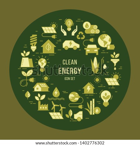 Environmental protection illustration. Dark Circular concept set of vector green power symbol made with the wind, solar, water and biomass icons in the line style with place for text.