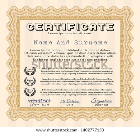 Orange Sample certificate or diploma. Customizable, Easy to edit and change colors. With background. Money Pattern design. 