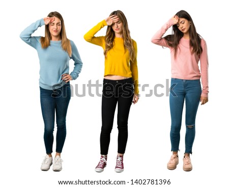 A full-length shot of a group of people with colorful clothes with tired and sick expression on isolated white background on isolated white background
