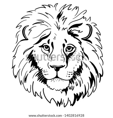 Lion portrait. Lion head isolated on white background. Template. Close-up. Clip art. Hand Painting. Ink. Dudling
