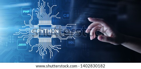 Python high-level programing language. Application and web development concept on virtual screen. Royalty-Free Stock Photo #1402830182