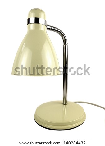 Desk lamp on a white background with cream enamel and chrome finish.