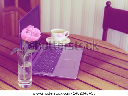 
Workplace. Telework. Violet laptop. Computer on the table. Peony and tea. Business and finance. The Internet.