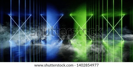 Psychedelic Line Sci Fi Smoke Neon Laser Spaceship Future Dark Corridor Glowing Blue Green Concrete Grunge Hallway Virtual Vibrant Fluorescent Space Underground Garage 3D Rendering Illustration